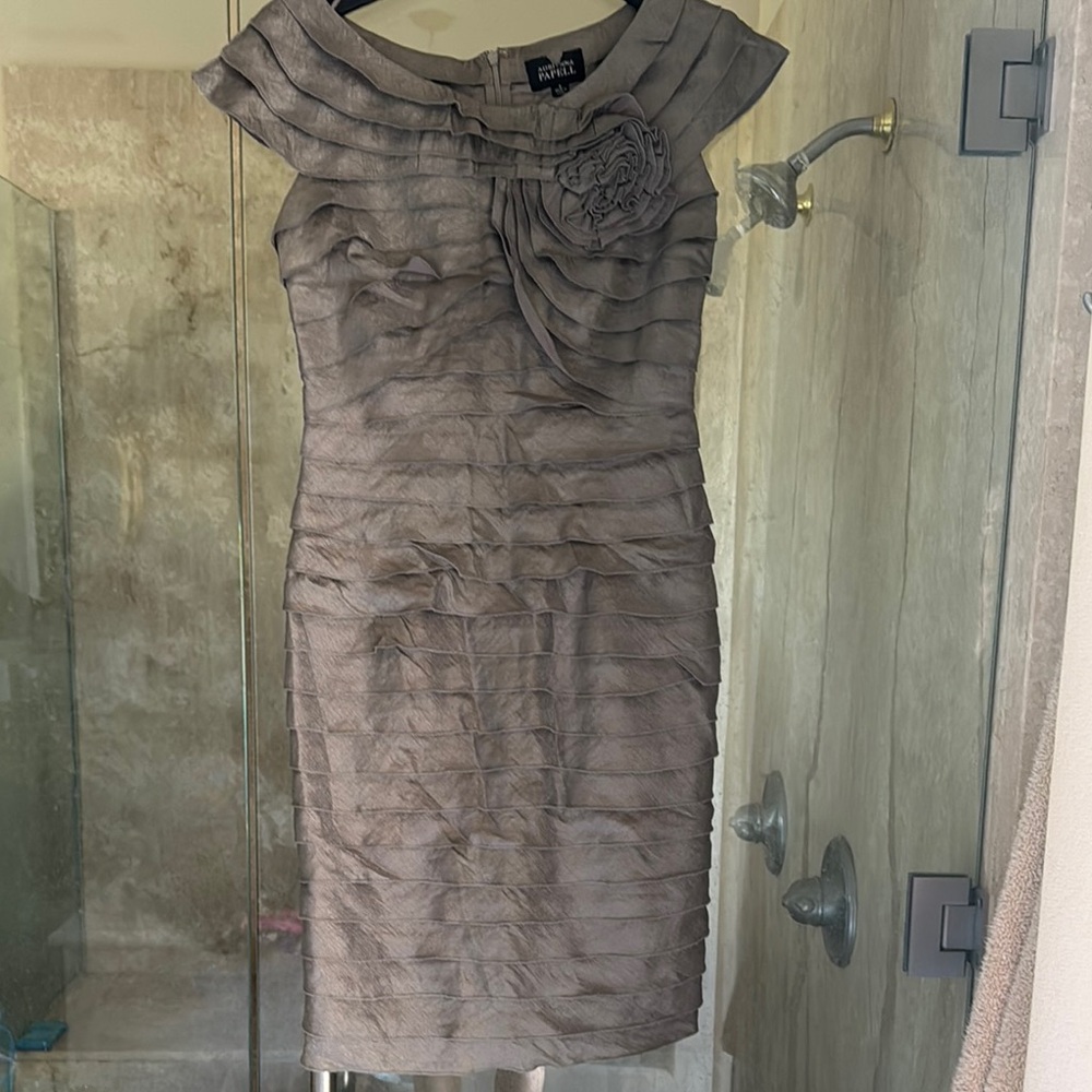 Adrianna Papell Silver Sheath Dress with Pleated Ruched Details